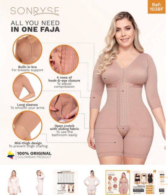 103BF SONRYSE  Full Shapewear  with Sleeves, Built-In Bra | Mid thigh, Powernet